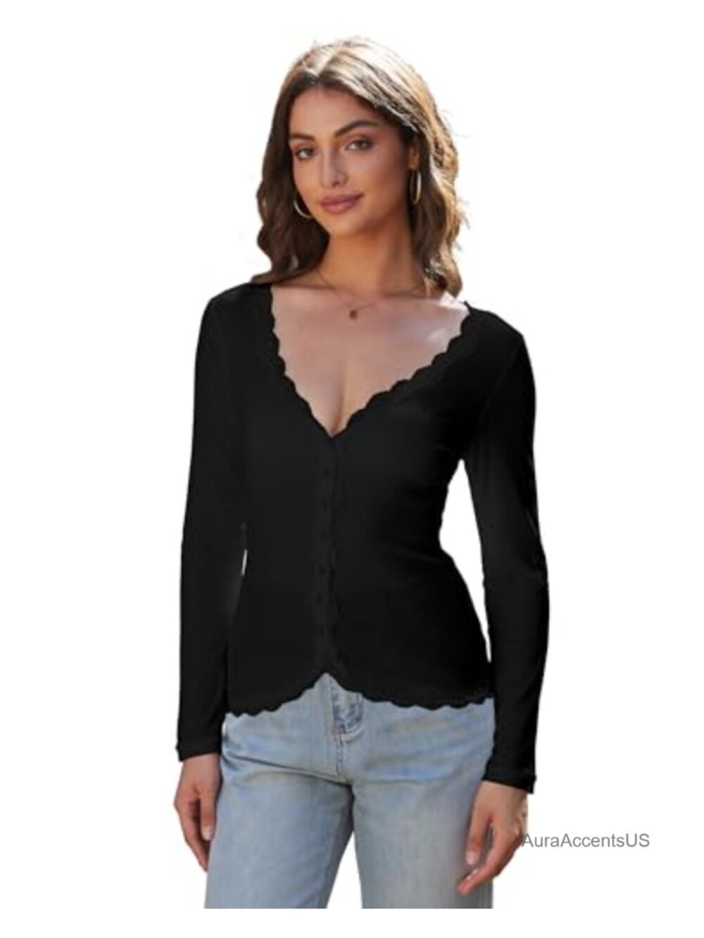 V Neck Cropped Knit Cardigan with Lace Trim Long Sleeve Ribbed